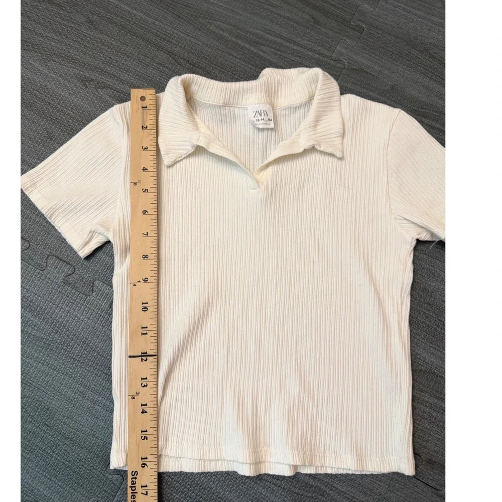 Zara Kids Girls White/Cream Ribbed Knit Polo Shirt Short Sleeve Size 13-14